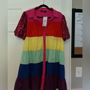 NEW WITH TAGS Blue B Collection Rainbow Tier Dress with Sparkle Puff Sleeves